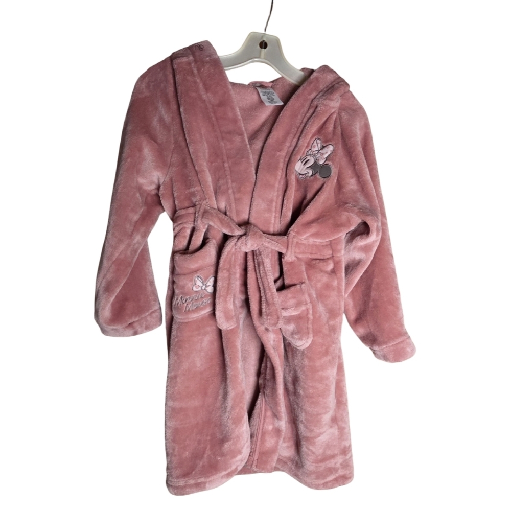 Disney Minnie Mouse Plush Hooded Robe Girls Size 9/10 Pink Cozy Bathrobe